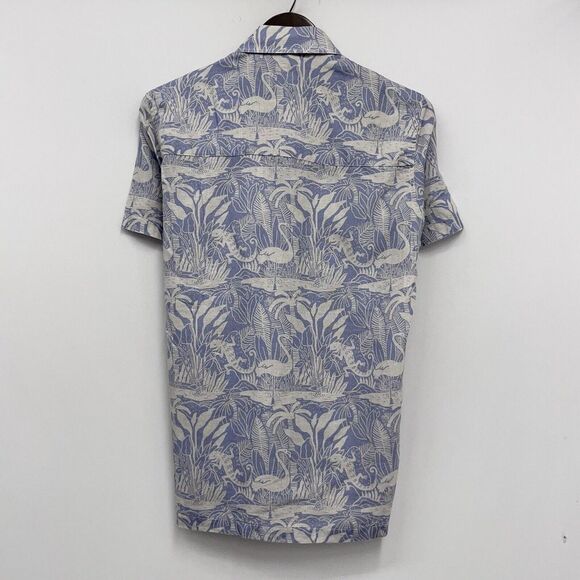 Far Afield Men's Sz 1 Hawaiian Shirt Blue/Taupe Linen Flamingo Iguana Floral euc - Picture 5 of 6